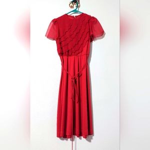 Vintage 70s Disco Sheer Swing Dress Size 7/8 vtg maroon red ruffled secretary